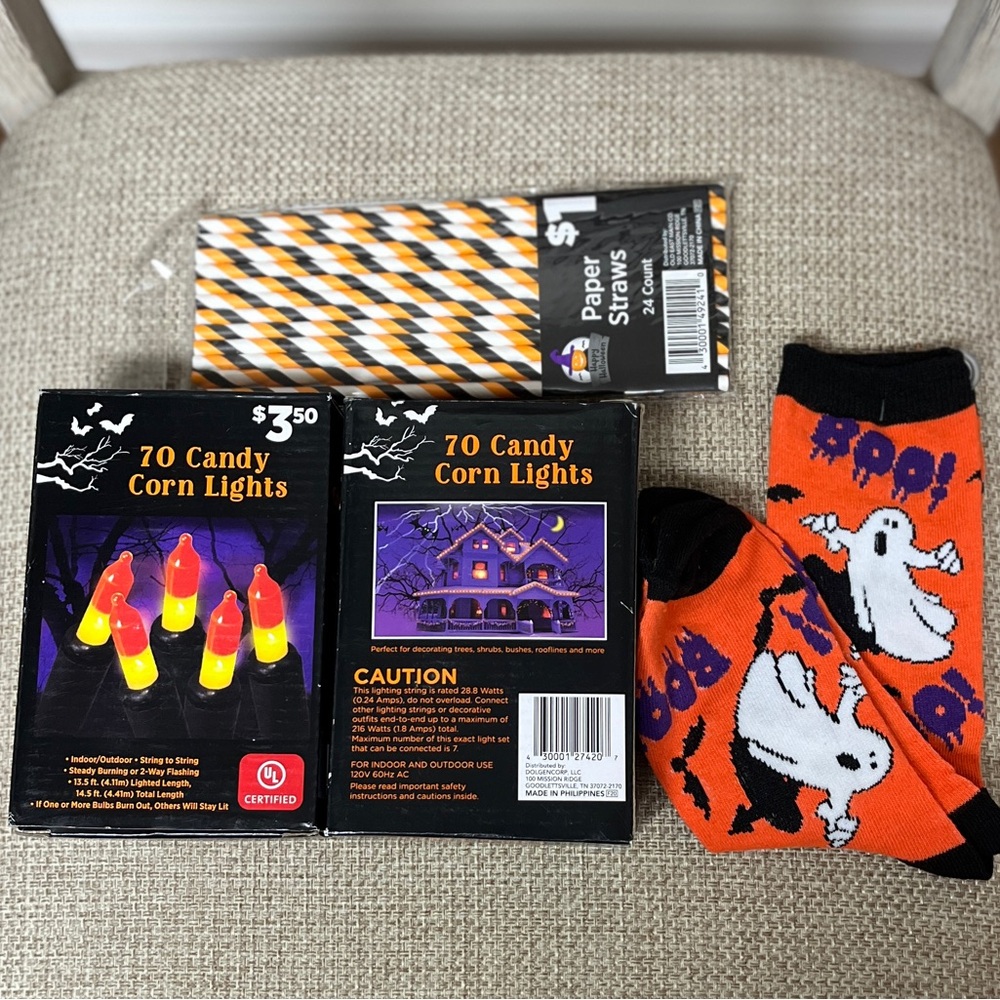 Halloween Candy Corn String Lights,NIP, bundle of Ladies socks, paper straws